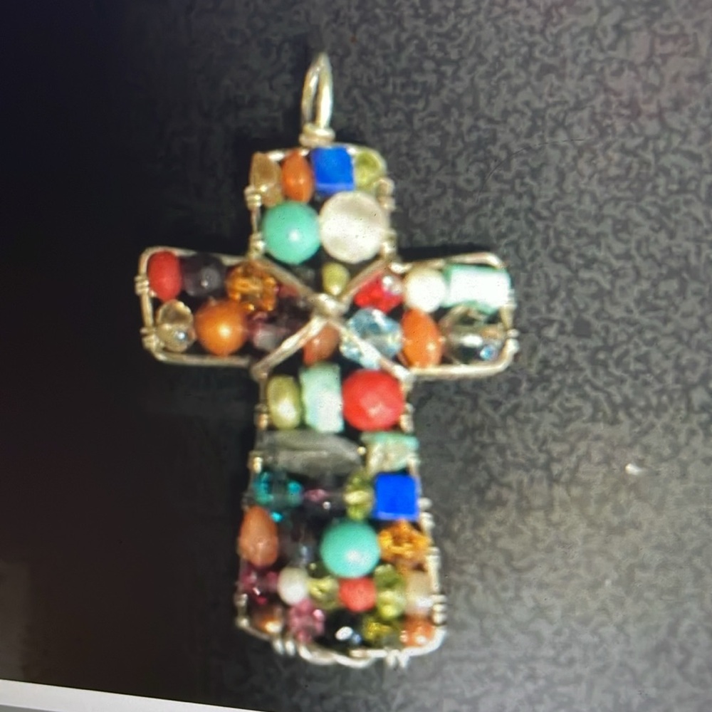 VTG SOUTHWESTERN STERLING SILVER WIRE WRAPPED MULTI STONE CROSS Pendant